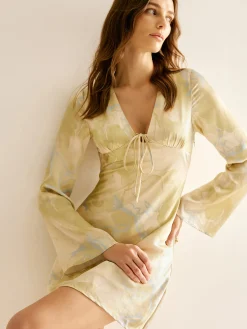 Printed Tie Front Long Sleeve Dress