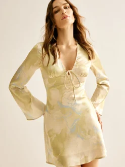 Printed Tie Front Long Sleeve Dress