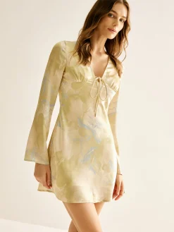 Printed Tie Front Long Sleeve Dress