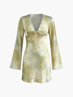 Printed Tie Front Long Sleeve Dress