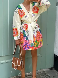 Printed V-Neck Lantern Sleeves Short Dress