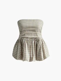 Puff Shirred Plaid Tube Top