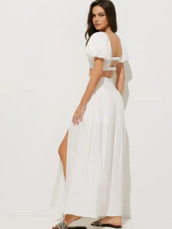 Puff Sleeve Crop Top With Split Thigh Skirt Set