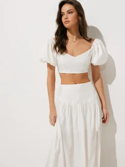 Puff Sleeve Crop Top With Split Thigh Skirt Set