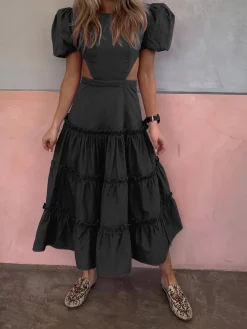 Puff Sleeve Cutout Long Dress