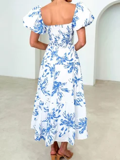 Puff Sleeve Twist Detail Midi Dress