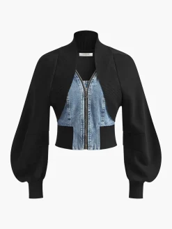 Puff-Sleeve Denim Panel Slim Jacket