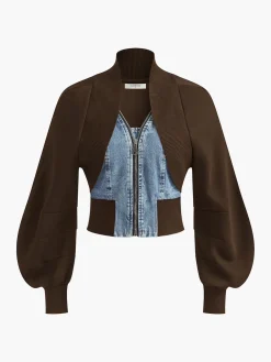 Puff-Sleeve Denim Panel Slim Jacket