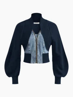 Puff-Sleeve Denim Panel Slim Jacket