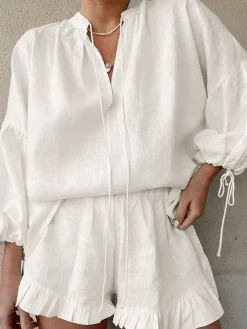 Pure Cotton Adjustable Cuff Ruffle Hem Shorts Set