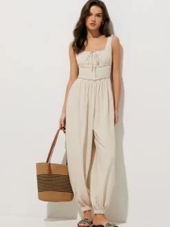 Pure Cotton Backless Tie-Front Jumpsuit