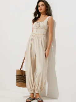 Pure Cotton Backless Tie-Front Jumpsuit