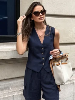Pure Cotton Casual Tailored Pockets Shorts Set