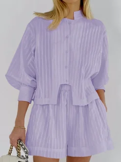 Pure Cotton Pinstripe Long-Sleeve Shorts Set