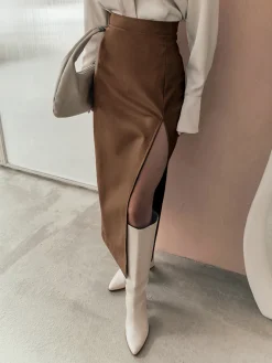 Quiet Luxury Faux Leather Slit Midi Skirt