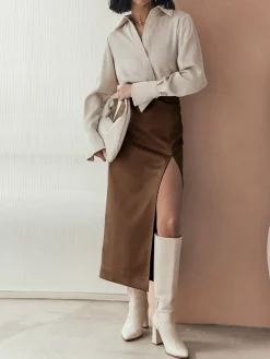 Quiet Luxury Faux Leather Slit Midi Skirt