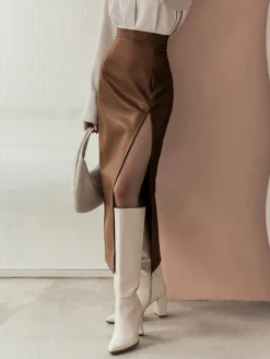 Quiet Luxury Faux Leather Slit Midi Skirt