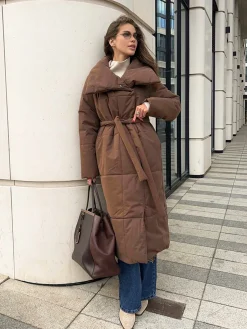 Quilted Long Winter Coat With Belt