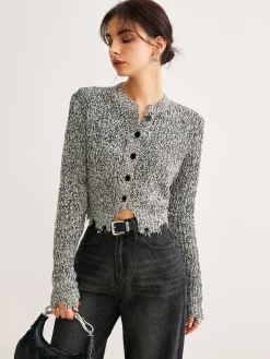 Raw Hem Button Slim Knit Top