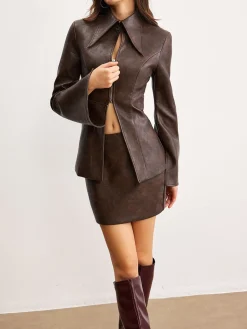 Retro Faux Leather Pockets Skirt