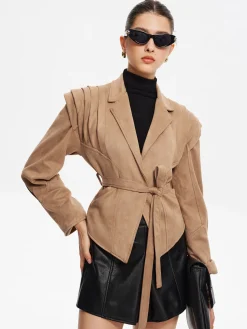 Retro Lapel Belted Short Jacket