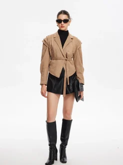 Retro Lapel Belted Short Jacket