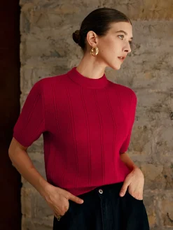 Retro Plain Ribbed Knit Top