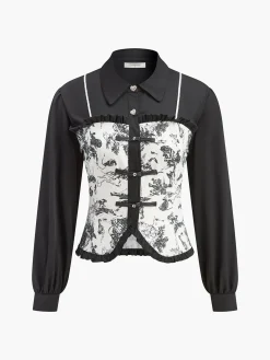 Retro Printed Slim Polo Blouse