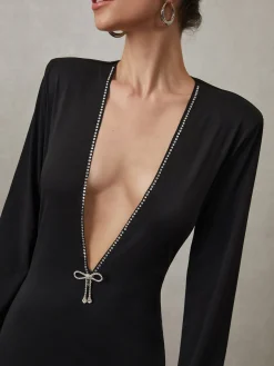 Rhinestone Bow Decorated V-Neck Short Dress