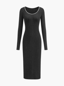 Rhinestone Decor Plain Sweater Dress