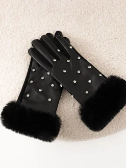 Rhinestone Fuzzy Cuff Warm Gloves