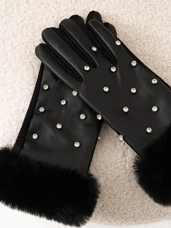 Rhinestone Fuzzy Cuff Warm Gloves