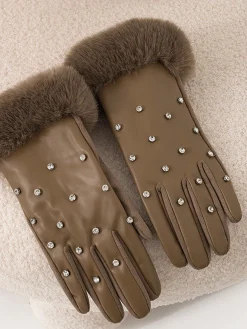 Rhinestone Fuzzy Cuff Warm Gloves