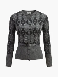 Rhombic Pattern Belted Button Cardigan