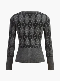 Rhombic Pattern Belted Button Cardigan