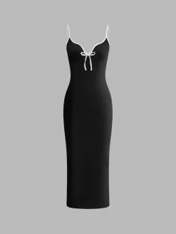 Ribbed Contrast Bow Cami Long Dress