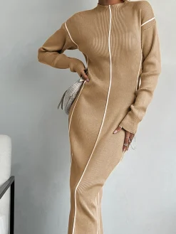 Ribbed Contrast Piping Sweater Dress