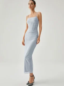 Ribbed Draped Slit Mesh Tank Long Dress