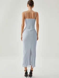 Ribbed Draped Slit Mesh Tank Long Dress