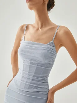 Ribbed Draped Slit Mesh Tank Long Dress