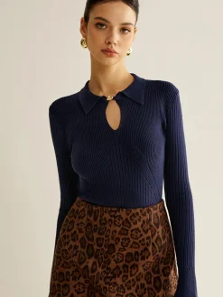 Ribbed Keyhole Neckline Polo Sweater