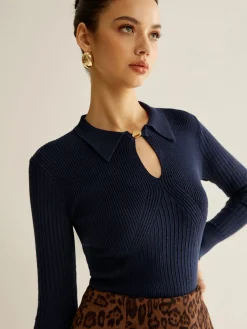 Ribbed Keyhole Neckline Polo Sweater