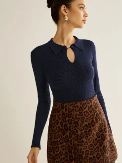 Ribbed Keyhole Neckline Polo Sweater
