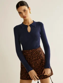 Ribbed Keyhole Neckline Polo Sweater