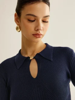 Ribbed Keyhole Neckline Polo Sweater
