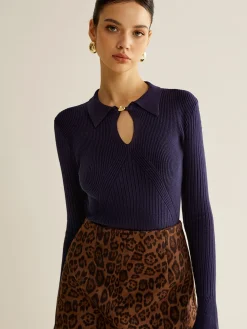 Ribbed Keyhole Neckline Polo Sweater