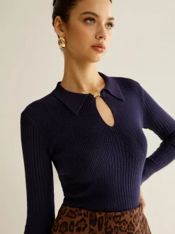 Ribbed Keyhole Neckline Polo Sweater