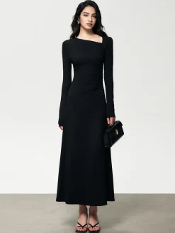 Ribbed Knit Asymmetric Long Sleeve Bodycon Long Dress