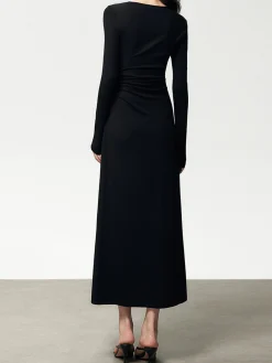 Ribbed Knit Asymmetric Long Sleeve Bodycon Long Dress
