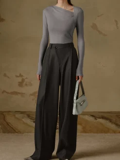 Ribbed Knit Long Sleeve Asymmetric Shirt